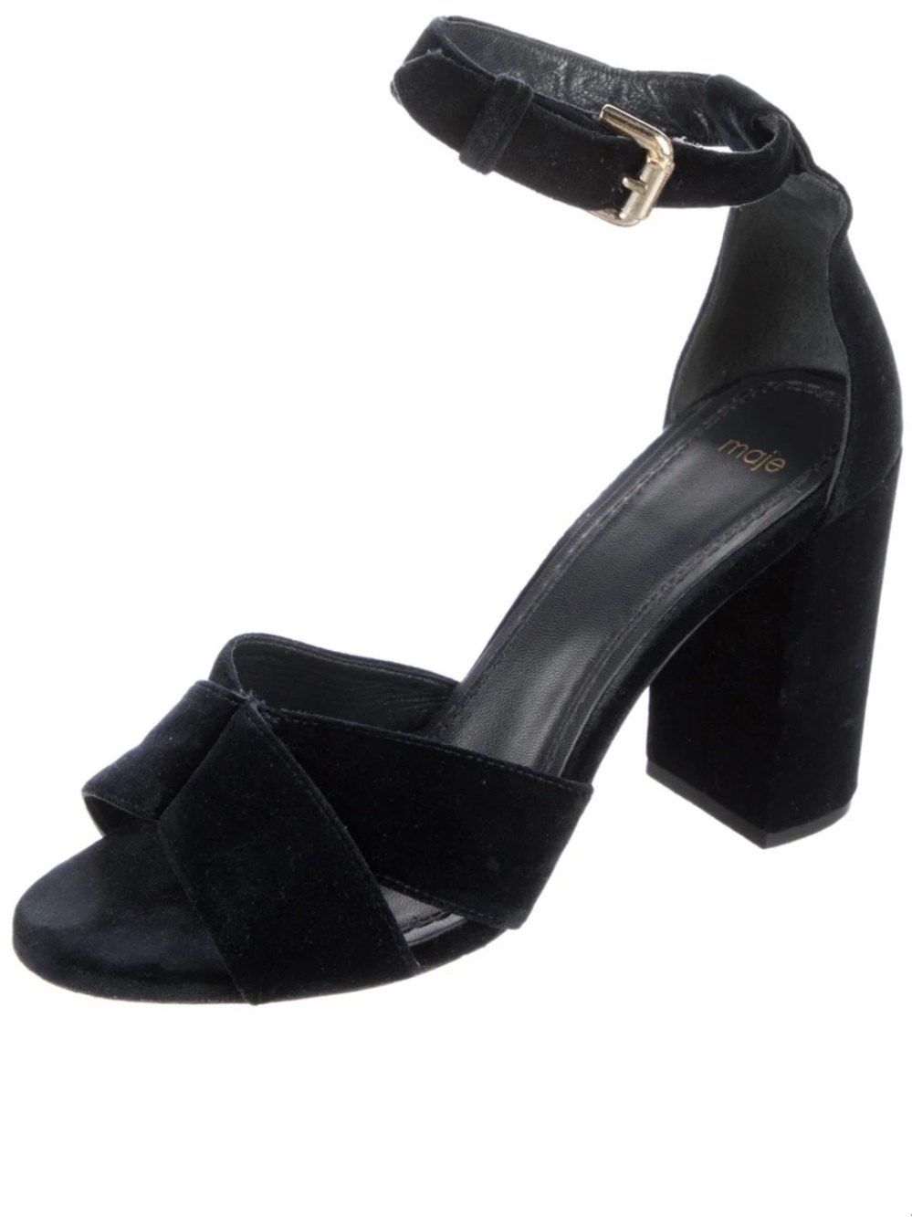 Maje Deep Blue Velvet Ankle-Strap Block Heel Sandals
